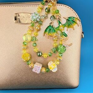 🐉 Luxury Bag/Phone Chain Charm GREEN or BLUE Flying Dragon & Crystal Beads, Gold